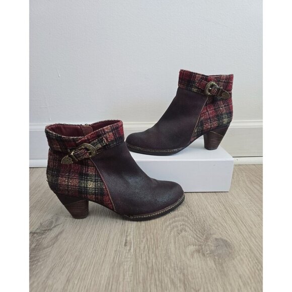 L'artiste Spring Step Scottala Burgundy Red Leather Zip Plaid Ankle Boots 39 8.5 - Picture 1 of 14